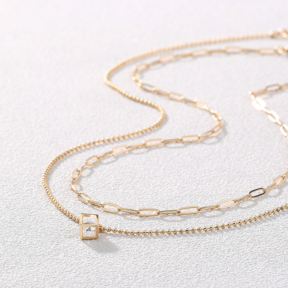 Copper Square Micro-Set Zircon Multilayer Necklace