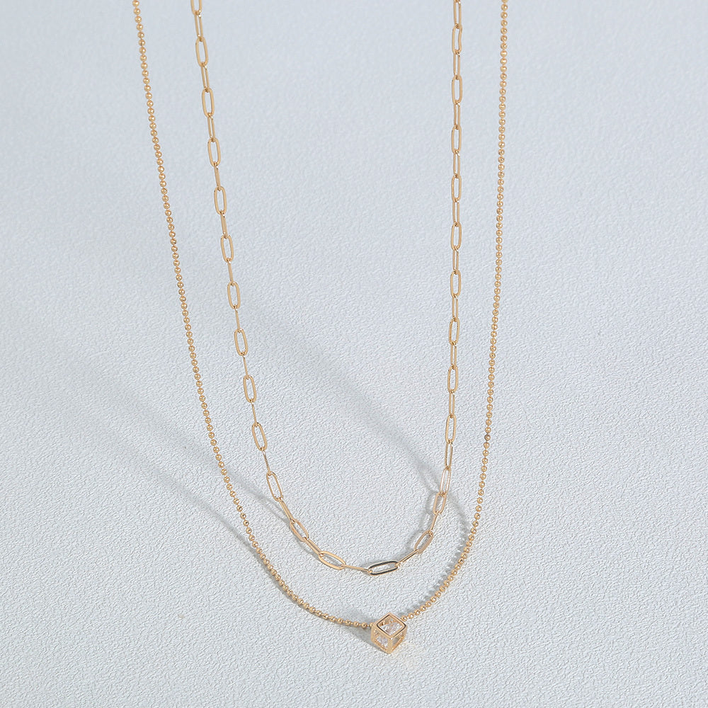Copper Square Micro-Set Zircon Multilayer Necklace