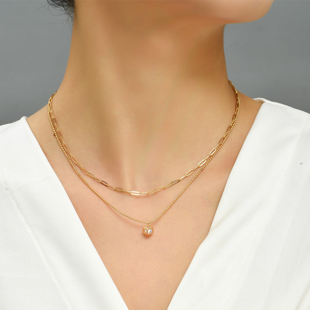 Copper Square Micro-Set Zircon Multilayer Necklace
